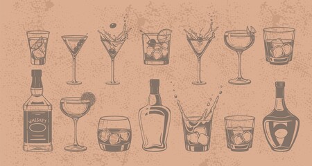 grunge Cocktails set alcoholic black and white vintage style drinks set. - obrazy, fototapety, plakaty