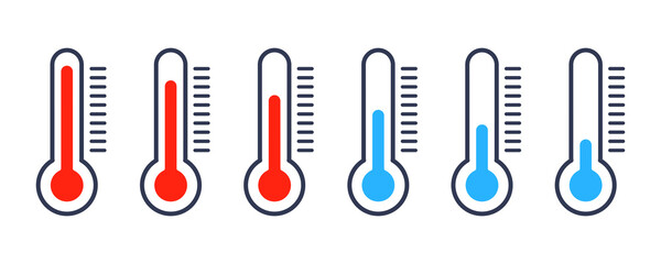 Set with red and blue thermometer icons. Temperature from high to low. Hot and cold. Temperature scale.
