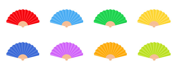 Set with hand fan vector icons. Handheld folding fan flat icons on white background. Chinese paper decoration.