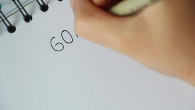 Write Text goals on notebook with pen on office desk. top view, copy space