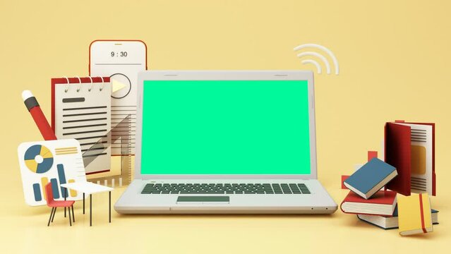 E-learning online with laptop and green screen and wi-fi symbol surrounded by phone, open books, Ruler, statistical graph, pencil and magnifying glass on yellow pastel background. 3d render animation