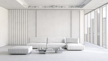 Contemporary white interior with stucco furniture and decor. 3d render illustration mockup.