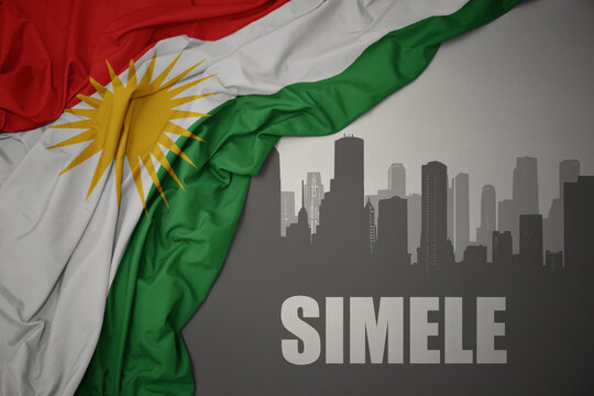 abstract silhouette of the city with text Simele near waving national flag of kurdistan on a gray background.3D illustration