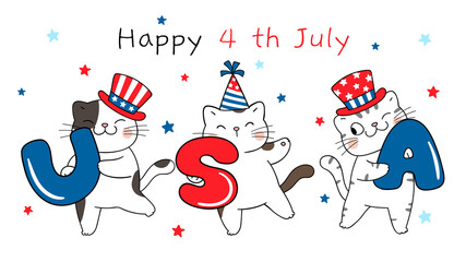 Draw funny cats love USA for Independence day 4 th of July - obrazy, fototapety, plakaty