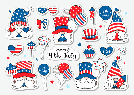 Draw sticker printable design cute gnome for 4th of July