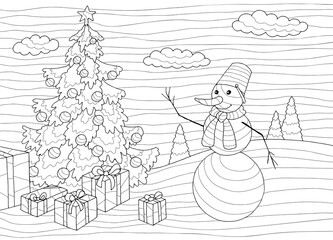 Christmas coloring graphic tree snowman black white landscape sketch illustration vector