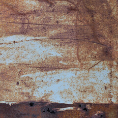 Old light blue painted grey rusty rustic rust iron metal frame background texture, horizontal aged damaged weathered scratched framed plain paint patch plate, grunge pattern copy space macro closeup