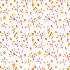 Seamless pattern with orange branches on a white background. Plants. Watercolor illustration. Nature. Blossom. Leaves. Print on fabric and paper. Floral ornament. Handmade work.