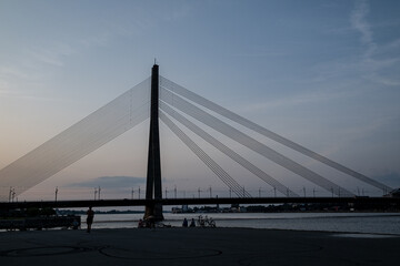 Suspension bridge in evening. Riga, Latvia