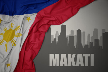 abstract silhouette of the city with text Makati near waving national flag of philippines on a gray background.3D illustration