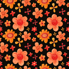 Seamless pattern with orange flowers on a black background. Watercolor illustration. Nature. Blossom. Plants. Print on fabric and paper. Floral ornament. Handmade work. Art. Design. Texture.