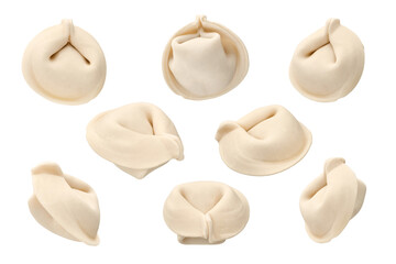 bunch of fresh frozen dumplings ready for cooking, isolated on white background. Full depth of field.