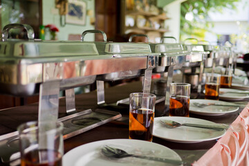 buffet food, catering food party at restaurant, mini canapes, snacks and appetizers
