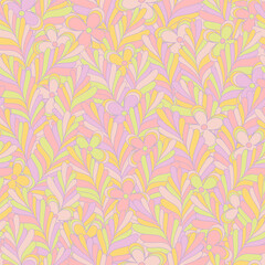 Pastel candy hippie seamless pattern. Vector nostalgic retro 60s groovy print. Vintage floral background. Textile and surface design with old fashioned hand drawn naive geometric flowers
