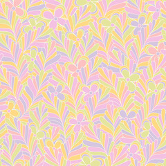 Pastel candy hippie seamless pattern. Vector nostalgic retro 60s groovy print. Vintage floral background. Textile and surface design with old fashioned hand drawn naive geometric flowers