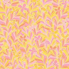 Pastel candy hippie seamless pattern. Vector nostalgic retro 60s groovy print. Vintage floral background. Textile and surface design with old fashioned hand drawn naive geometric flowers