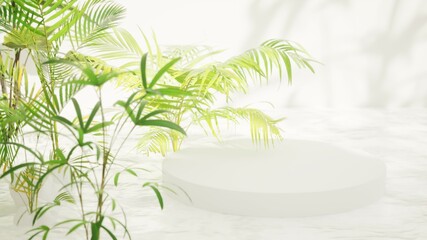 tropical light background with white pedestal and tropical plants,3d render