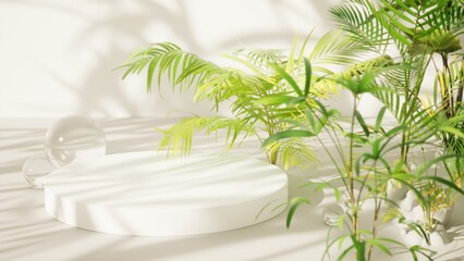 tropical light background with white pedestal and tropical plants,3d render