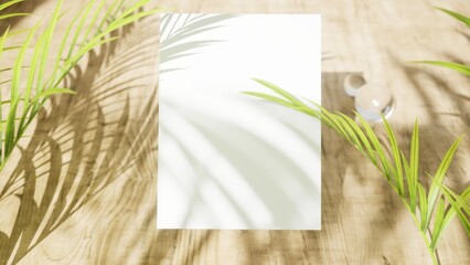 Mockup poster flies over a wooden table, tropical plants and shadow