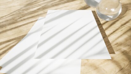 Mockup A4 paper on a wooden table, shadow of tropical plants