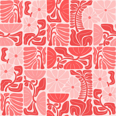 Monochrome abstract geometric floral seamless pattern. Matisse art inspired botanical background. Modern flat vector illustration with stylized flowers. Mid century print for wallpaper, fabric, paper