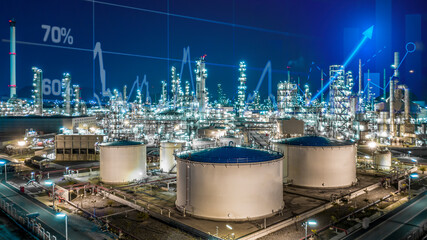 Oil refinery plant from industry zone with business economy graph analysis, Aerial view oil and gas industrial, Refinery factory oil storage tank and pipeline steel at night.