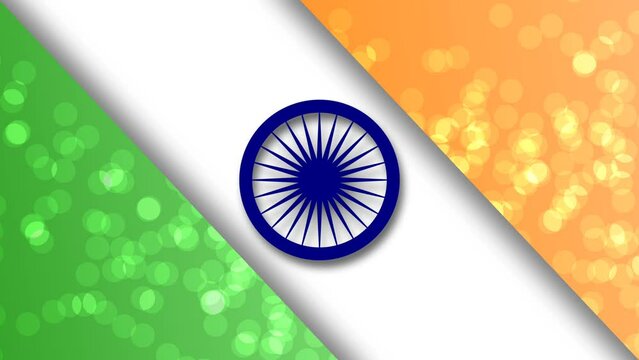Unique India flag background with spining Ashok and and moving particles on green and orange colour. Concept for National holidays, government and election.