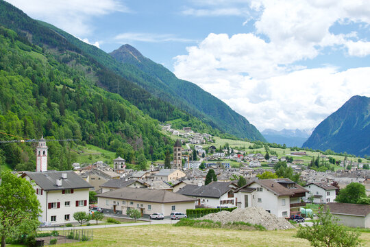 The famous Bernina Express Train passing through Poschiavo in Switzerland