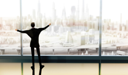 Fototapeta na wymiar Successful businessmen looks at city from the office window. Planning for future, new start ups, investment strategy, risk and control concept. 3D rendering illustration