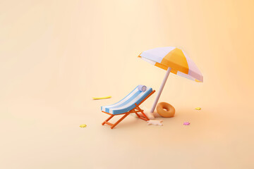 Beach chair and umbrella on yellow background with cute swim ring donut 3d illustration