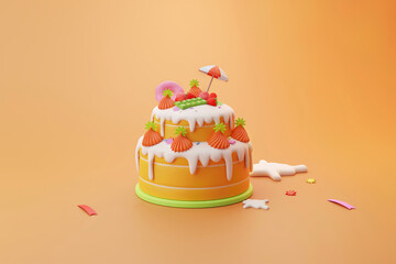 Tropical flower cake with red strawberry and donut on white icing 3d illustration