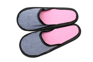 Gray textile slippers with pink insole, house slippers isolated on white background, home clothes, top view