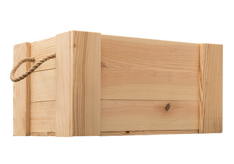 wooden box with rope handles isolated on white background. Empty wooden box with rope handles isolated on white background. background . Close-up