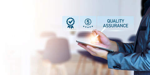 Quality Assurance Concept. Business people show high quality assurance mark, good service, premium, five stars, premium service assurance, excellence service, high quality, business excellence.