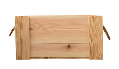 wooden box with rope handles isolated on white background. Empty wooden box with rope handles isolated on white background. background . Close-up