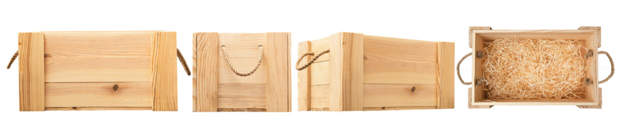 wooden box with rope handles isolated on white background. Empty wooden box with rope handles...