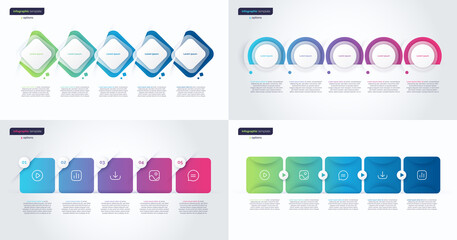 Vector gradient minimalistic infographic templates composed of 5 shapes