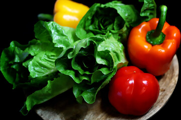 Set of fresh vegetables and salads.