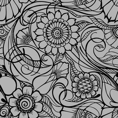 seamless floral pattern, oriental motifs, contour black floral pattern on a gray background, texture, background