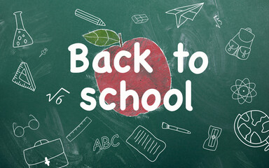 Fototapeta na wymiar Back to School and Apple Draw with Chalk Green Blackboard