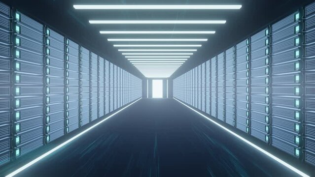 データセンターのブレードサーバーが並んだサーバールームのイメージCG・Cloud Data Server
