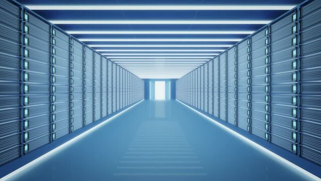 データセンターのブレードサーバーが並んだサーバールームのイメージCG・Cloud Data Server