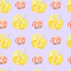 Seamless pattern with pumpkins drawn in wax crayons on a purple background.Repeating,festive  hand painted oil pastel print in children's style.Designs for textiles,fabric wrapping paper,printing.