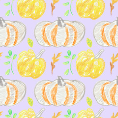 Seamless pattern with pumpkins drawn in wax crayons on a purple background.Repeating,festive  hand painted oil pastel print in children's style.Designs for textiles,fabric wrapping paper,printing.