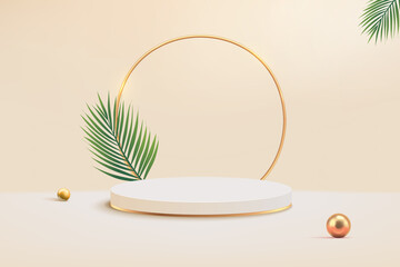 Circle shape golden ring with pedestal podium for product showcase on ivory background
