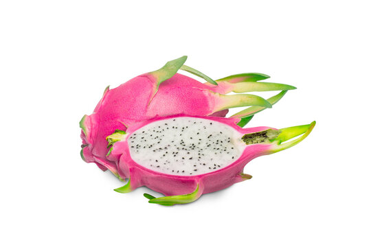 Dragonfruit With Half And Slice Isolated On White Background.  A Pitaya Or Pitahaya Is The Fruit Of Several Cactus Species Indigenous To The Americas.