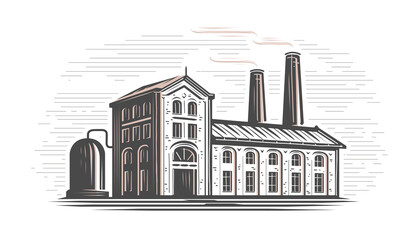 Industrial factory building logo design. Manufacturing and industrial production emblem. Vintage vector illustration