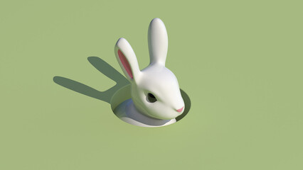 Spring easter bunny rabbit in hole with creative copy space on pastel green background in 8k. 3D illustration render.