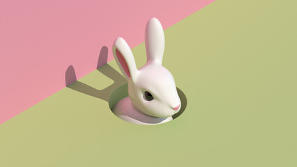 Obraz premium Spring easter bunny rabbit in hole with creative copy space on pastel green and pink background in 8k. 3D illustration render.