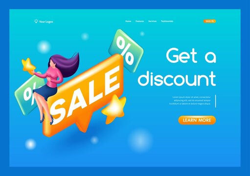 3D Isometric, cartoon. Girl Character shop at an online store. Online shopping concept. Trending Landing Page